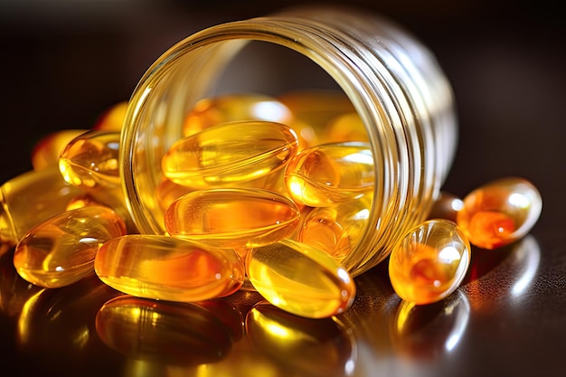 Omega 3 capsules arranged in a glass jar