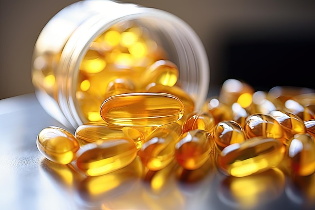 Omega 3 capsules arranged in a glass jar