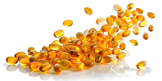 Omega 3 Fish Oil Pill Falling on White Background