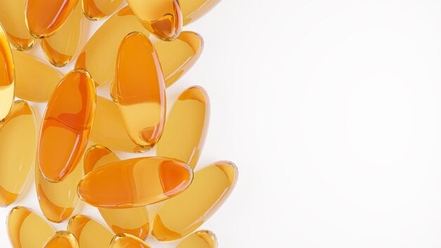 Omega 3 gel capsules or Cod liver oil closeup top view on white background health care supplement concept.