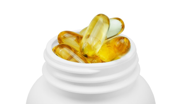 Omega capsules on white background