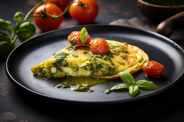 Omelet gegarneerd met geroosterde dennennoten en een druppel balsamiekglazuur