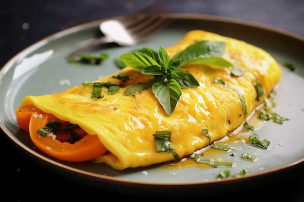 Omelet geserveerd met een kant van knapperige hash bruine wafels en esdoornstroop