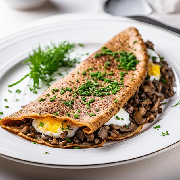 Foto omelet gevuld met linzen en roggebrood