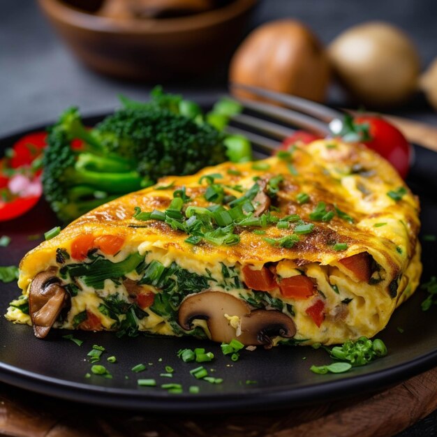 Omelet met champignons en tomaten op een donkere houten achtergrond