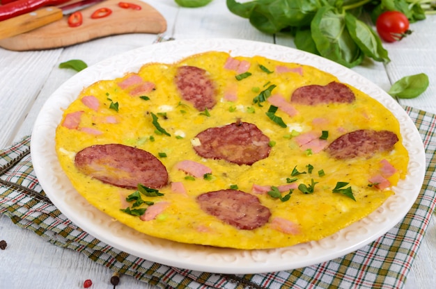 Omelet met ham, salami, kaas en Groenen op een plaat op een witte houten achtergrond. Ontbijt.