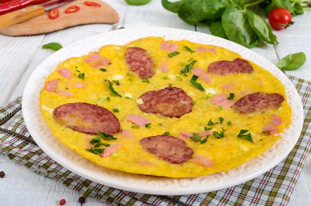 Omelet met ham, salami, kaas en groenen op een plaat op een witte houten achtergrond. ontbijt.