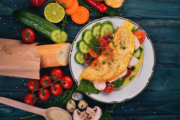 Omelet met kip en verse groenten en noten Op een houten ondergrond Bovenaanzicht Kopieer de ruimte