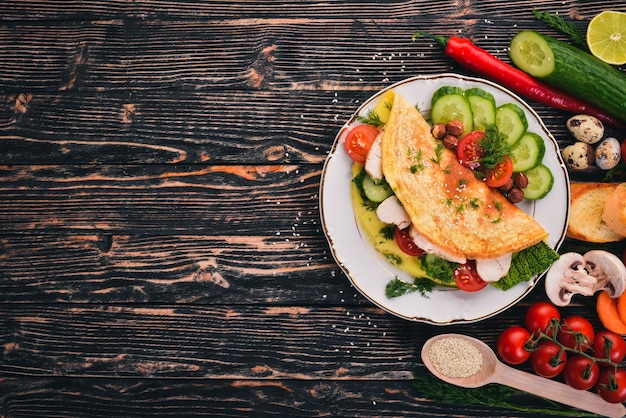 Omelet met kip en verse groenten en noten Op een houten ondergrond Bovenaanzicht Kopieer de ruimte