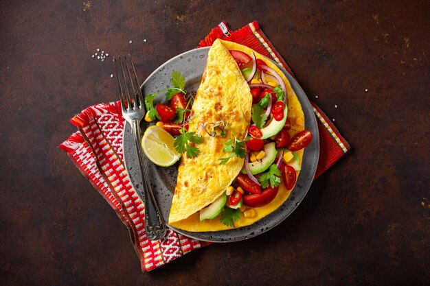 Omelet met tomaat, avocado, ui, chili en suikermaïs, gezond keto-dieet, koolhydraatarm ontbijt