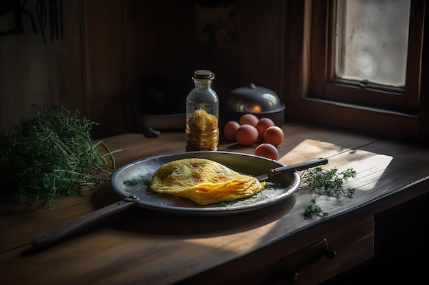 Omelet op een rond bord in een rustieke keuken Close Up Ai Generative