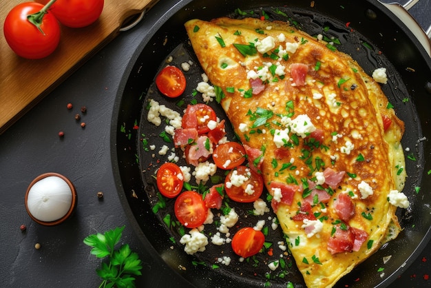 Omelet with tomatoes and feta cheese in pan top view