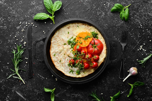 Omelet with tomatoes and parsley in a pan food for breakfast
free space for your text top view