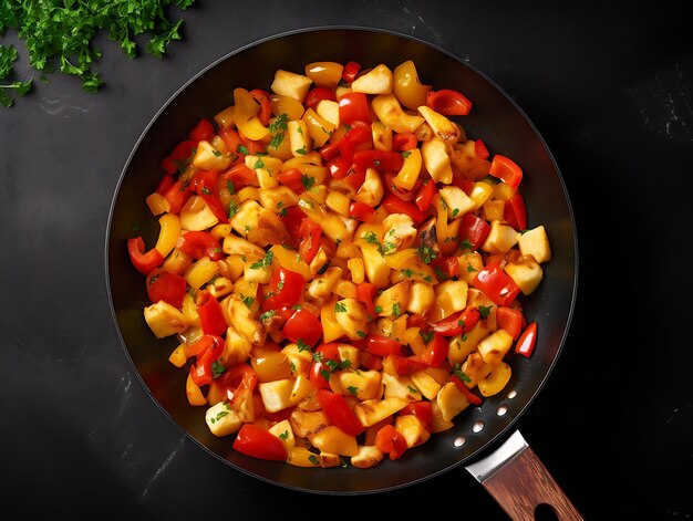 Omelet with vegetables in a deep frying pan on a dark background Ai Generative