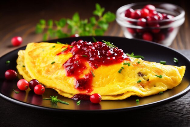 Omelette served with a side of crispy hash brown waffles and maple syrup