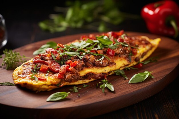 Omelette served with a side of crispy hash brown waffles and maple syrup