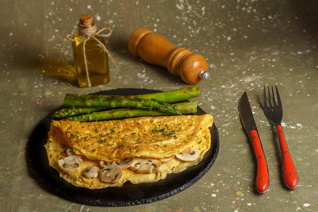 omelette stuffed with mushrooms and asparagus