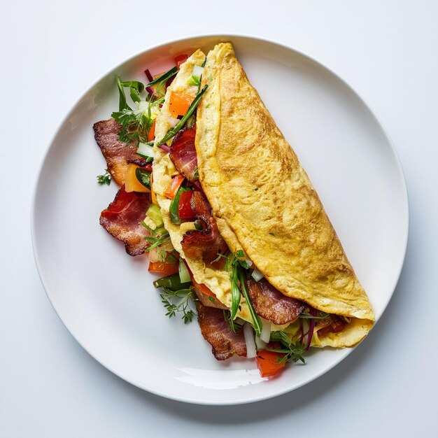 Foto omelette ripiena di verdure e pancetta su piatto bianco isolato su sfondo bianco vista dall'alto