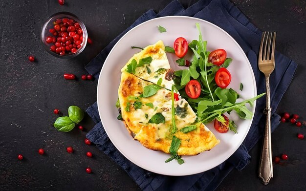 Omelette with cheese green herbs and fried mushrooms on plate