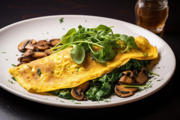 Omelette with mushrooms and spinach on plate