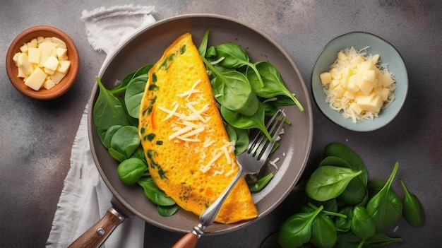 Photo omelette with spinach and cheese in a pan