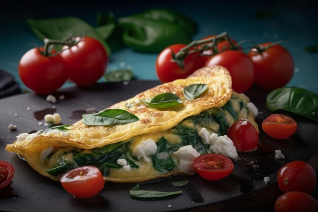 an omelette with spinach and feta cheese garnished with cherry tomatoes