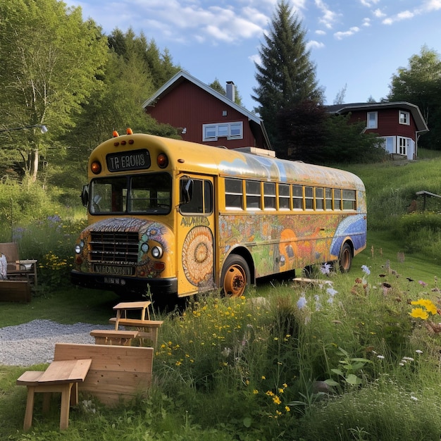 Omgebouwde schoolbus geparkeerd in een afgelegen weide met muurschildering en groentetuin