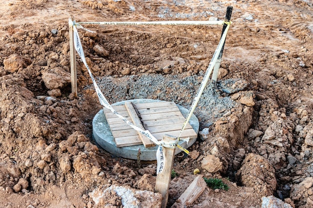 Omheining van het geïnstalleerde rioolluik. omheind trottoir reparatie gebied. veiligheid.