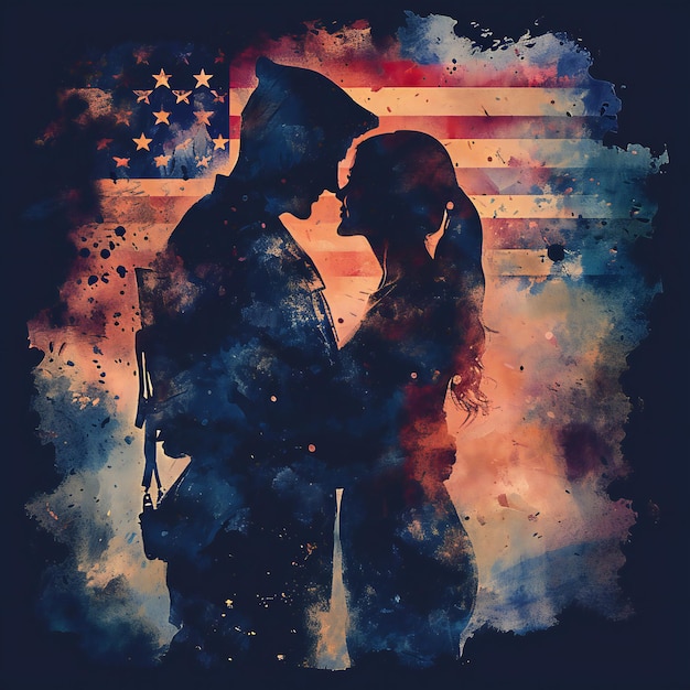 Omhelzende soldaten silhouet patriottische Amerikaanse vlag artistieke eerbetoon