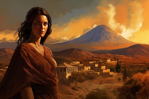 Photo ominous ancient greek volcano eruption view greek cute woman generate ai