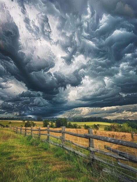 Ominous clouds loom over a lush green field bordered by a wooden fence capturing the calm before the storm