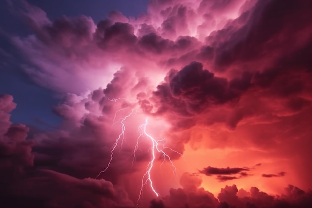 Ominous red sky illuminated by fierce lightning strikes