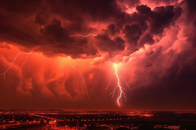 Ominous red sky illuminated by fierce lightning strikes