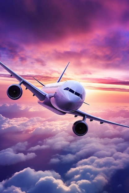 Фото Коммерческий самолет, летящий над облаками в прекрасном свете заката