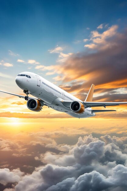 Photo ommercial airplane jetliner flying above clouds in beautiful sunset light