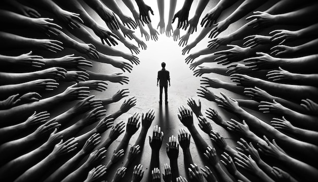 Omringd door wanhoop zwart-wit beeld van persoon omringd door handen