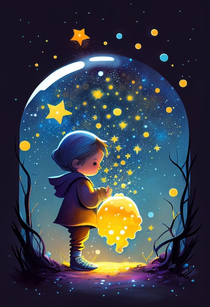 Omslagboek van een kind dat op het universum staat met schattige kleine sterren Gemaakt met generatieve AI-technologie