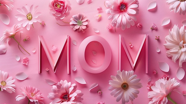 omvangrijk woord MOM geschreven op een roze achtergrond met grote bloemen Moedersdag kaart