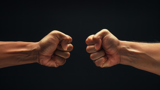 Фото На черном фоне крупный план изображения двух кулаков, сталкивающихся концепция конфронтационного соревнования и т.д.