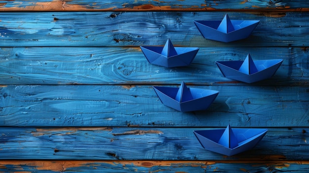 Фото На синем деревянном фоне бумажные лодки расположены в концепции лидерства один корабль является лидером, ведущим другие корабли изображение было тонировано и отфильтровано