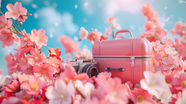 Фото На куче цветов 3d-постер сезона цветения вишни показывает чемодан, камеру и паспорт