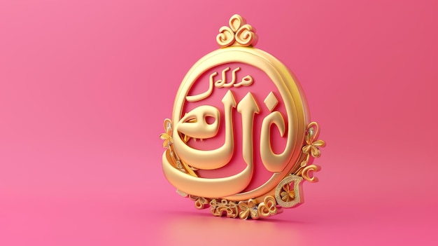사진 핑크색 배경에 3d 디자인 텍스트가 금으로 표시되어 이드 무바라크를 상징합니다.