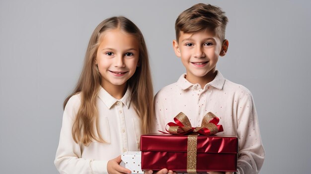 Фото На белом фоне мальчик и девочка держат в руках подарочный пакет рождественская концепция генеративный ии