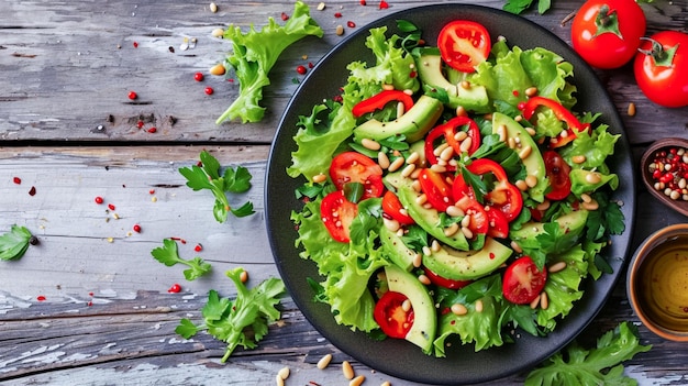 Фото На деревянном фоне на красивой тарелке вкусный и здоровый салат из свежего