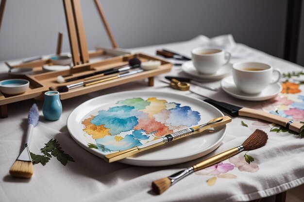 사진 테이블 위에는 팔레트 형태의 접시와 이젤 고품질 사진이 있는 냅킨 브러시가 있습니다.