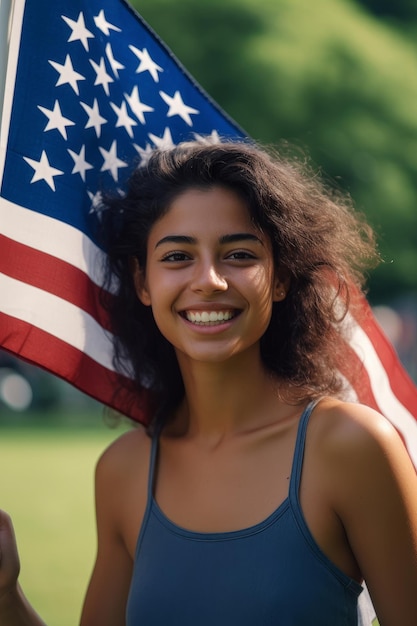 Foto onafhankelijkheidsdag een vrouw met een amerikaanse vlag