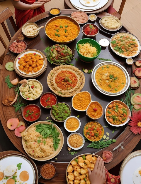 An Onam banquet with a variety of dishes