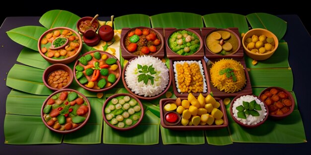 Onam festival banana leaf with various Indian food