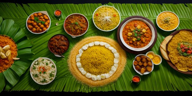 Photo onam festival banana leaf with various indian food