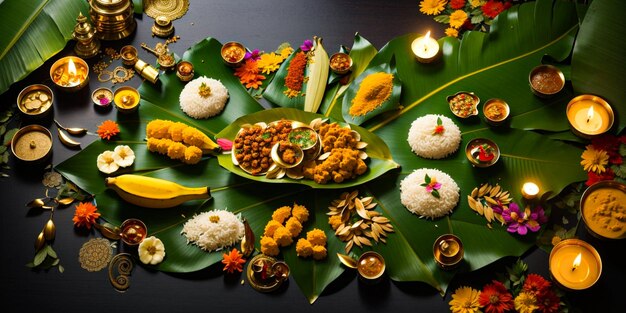 Foto foglia di banana per la festa di onam con vari cibi indiani